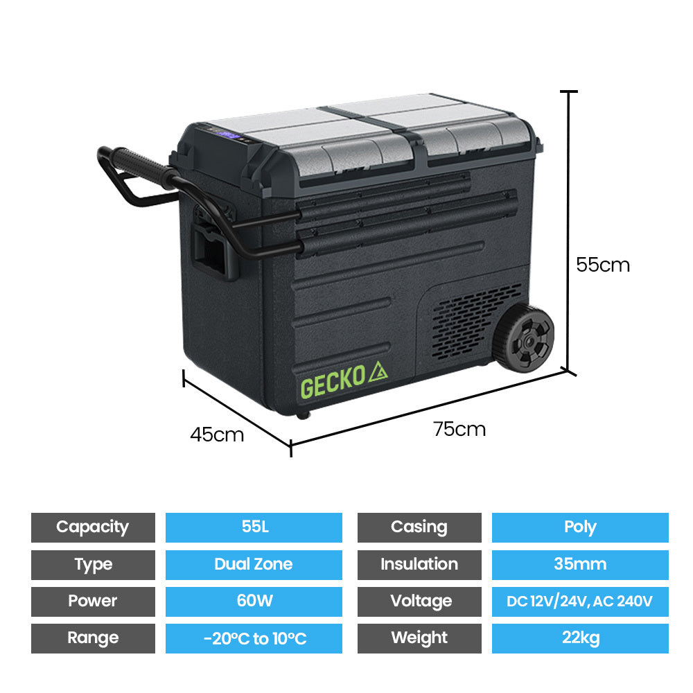 Gecko 55L Dual Zone Portable Fridge Freezer with onboard Lithium Battery 12V/24V/240V wheels