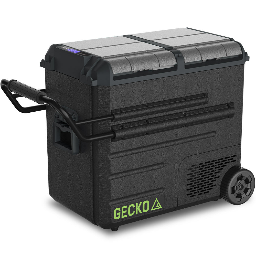 Gecko 65L Dual Zone Portable Fridge Freezer with onboard Lithium Battery, 12V/24V/240V wheels