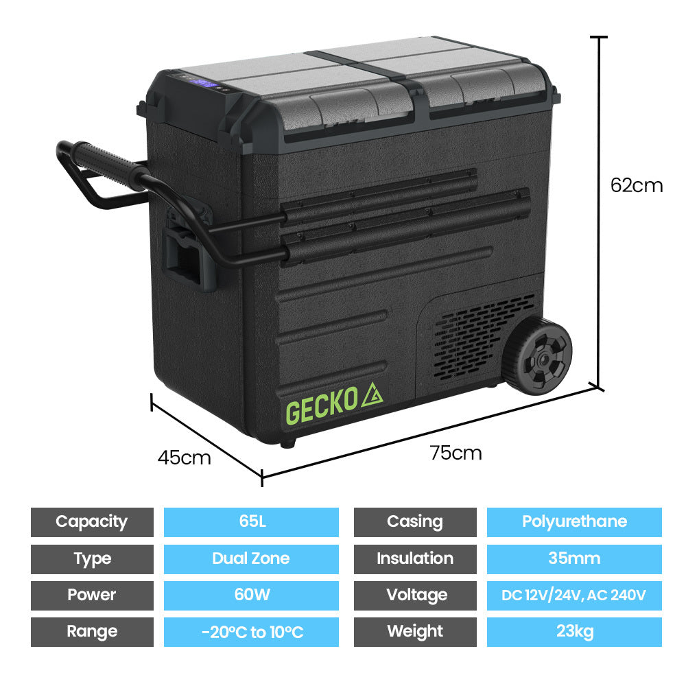 Gecko 65L Dual Zone Portable Fridge Freezer with onboard Lithium Battery, 12V/24V/240V wheels