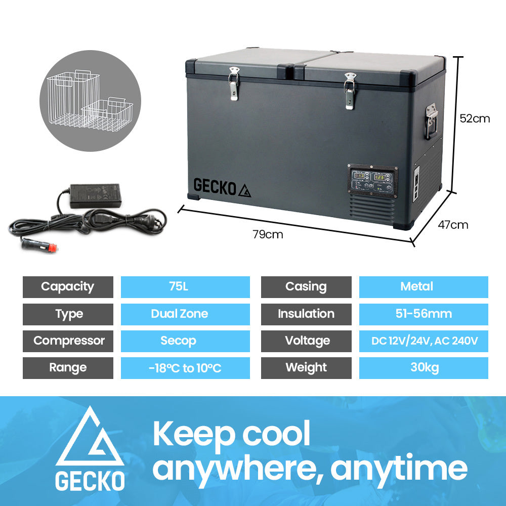 GECKO 75L Dual Zone Portable Fridge Freezer 12V/24V/240V