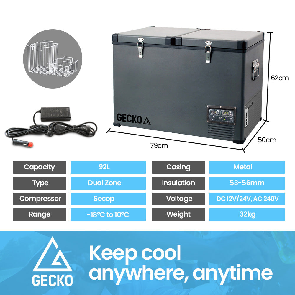 GECKO 92L Dual Zone Portable Fridge Freezer 12V/24V/240V