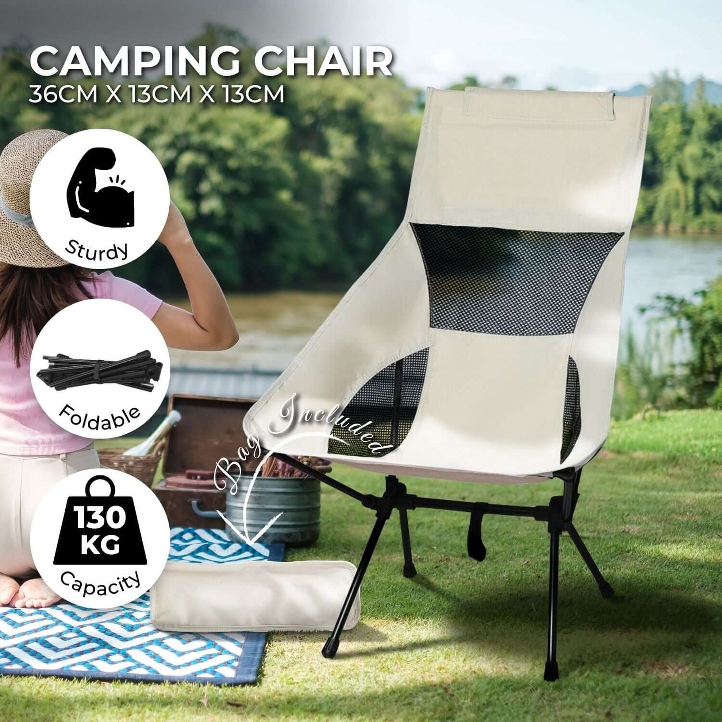 KILIROO Camping Folding Chair with Storage Bag (Beige)